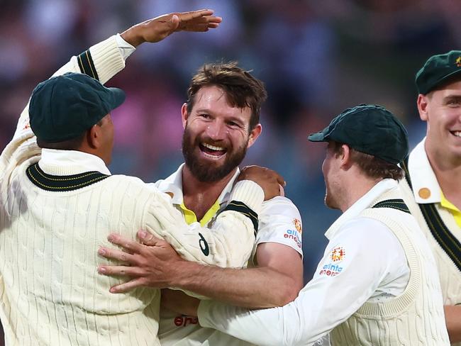 *APAC Sports Pictures of the Week - 2022, December 12* - ADELAIDE, AUSTRALIA - DECEMBER 09:  Michael Neser of Australia celebrates with team mates after taking the wicket of Kraigg Braithwaite of the West Indies for 19 runs during day two of the Second Test Match in the series between Australia and the West Indies at Adelaide Oval on December 09, 2022 in Adelaide, Australia. (Photo by Chris Hyde/Getty Images)