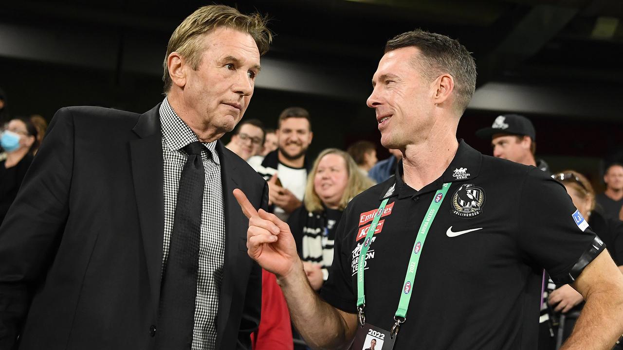 MELBOURNE, AUSTRALIA - MARCH 18: Jeff Browne the president of the Magpies and Magpies head coach Craig McRae celebrates winning the round one AFL match between the St Kilda Saints and the Collingwood Magpies at Marvel Stadium on March 18, 2022 in Melbourne, Australia. (Photo by Quinn Rooney/Getty Images)