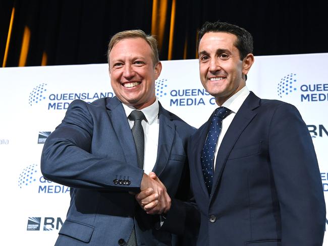 BRISBANE, AUSTRALIA - NewsWire Photos OCTOBER 16, 2024: Queensland Premier Steven Miles and Opposition Leader David CrisafulliQueensland Premier Steven Miles and Opposition Leader David Crisafulli will face off just ten days prior to the state election.Picture: NewsWire / John Gass