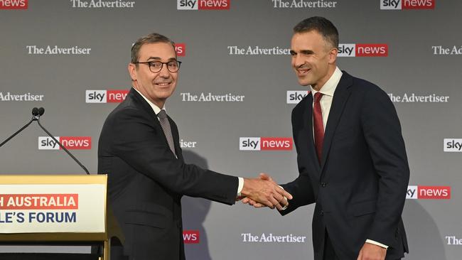 The-then Premier Steven Marshall and the-then Opposition Leader Peter Malinauskas at the SA People’s Forum in 2022, ahead of the state election. Picture: Keryn Stevens