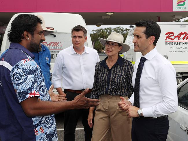 Leader of the Opposition David Crisafulli talks with RamÃs Motor Repairs Managing Director Vishal Nand about repeated youth crime damage to vehicles at his store. Picture: Liam Kidston