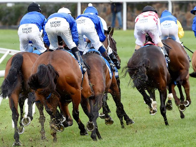 The field heads out of the straight on the first occasion with Winx and Hugh Bowman (white pompom) towards the rear of the field.