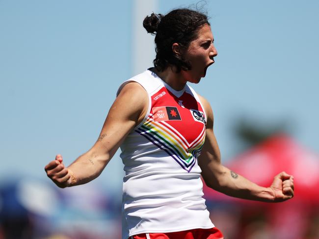 Privitelli celebrates one of two goals she kicked after her 24-hour shift as a Firefighter. Picture: Matt King/Getty Images