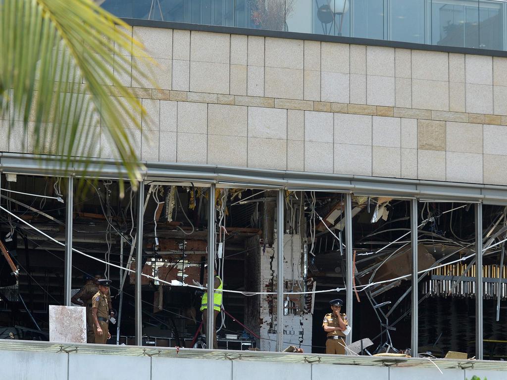 The windows blown out in a restaurant area of the luxury Shangri-La Hotel in Colombo. Picture: AFP