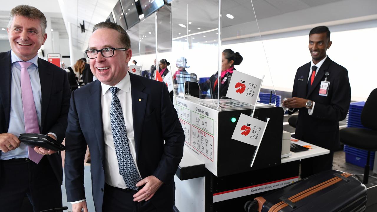 Mr Joyce at check in for QF3 at Auckland Airport for the official relaunch of the direct New York service. Picture: James D. Morgan/Getty Images for Qantas