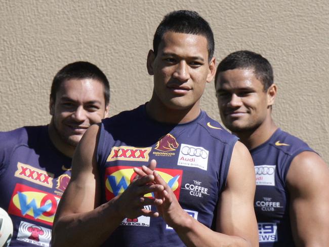 Broncos training  , Alex Glenn , Israel Folau &  Jharal Yow Yeh  at Red hill prior to this fri eve game v Parramatta - Photo - David Kapernick