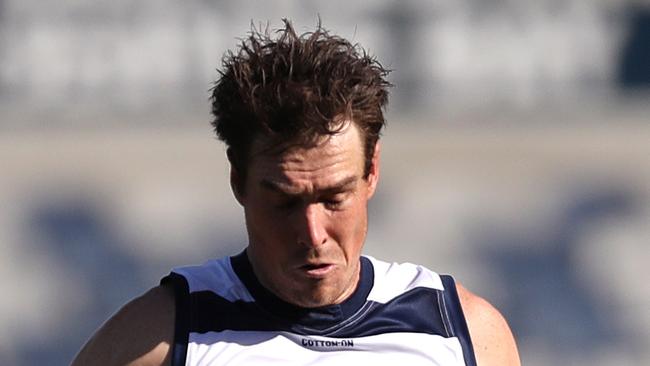 GEELONG, AUSTRALIA - FEBRUARY 23: Jeremy Cameron of the Cats kicks the ball during the AFL Match Simulation between Geelong Cats and Hawthorn Hawks at GMHBA Stadium on February 23, 2023 in Geelong, Australia. (Photo by Kelly Defina/Getty Images)