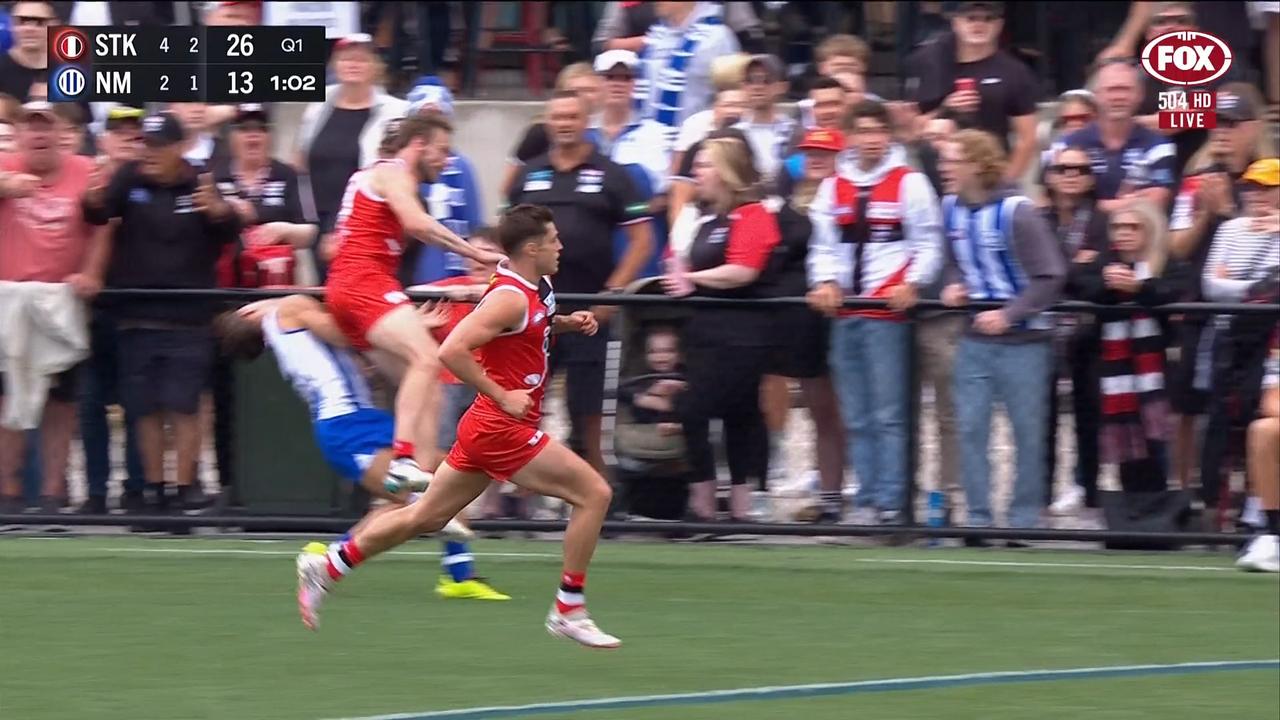 Jimmy Webster leapt off the ground to hit Jy Simpkin. Photo: Fox Sports