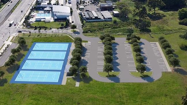 An artist’s impression of the new netball courts and carparking to be built at Bill Brown Reserve, Fitzgibbon — on the site of the former Bramble Bay Pony Club. Supplied: Brisbane City Council