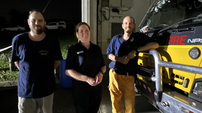 Glen Searle, Tanya Jamieson and Jono Rossi at the Coomera Valley Rural Fire Brigade station. Volunteers have been working from early morning to late at night to help locals every day since the Christmas Day storm hit. Picture: Keith Woods.