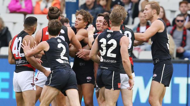 The melee sparked by Jed Lamb and Mark Baguley sledging. Picture: Michael Klein