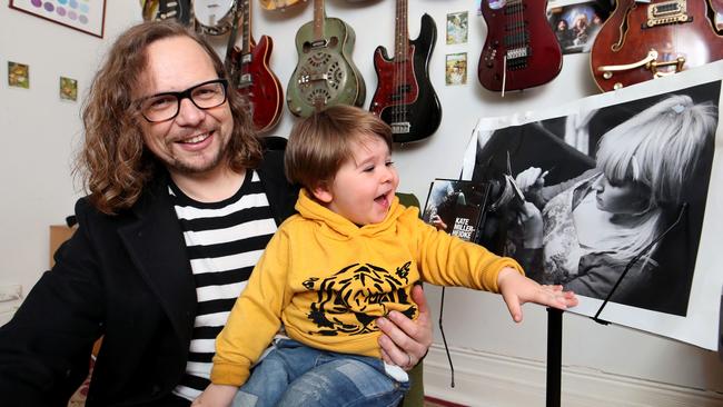 Keir Nuttall and son Ernie at home in Melbourne, where they’ll watch wife and mum Kate Miller-Heidke in the Eurovision final. Picture: David Geraghty