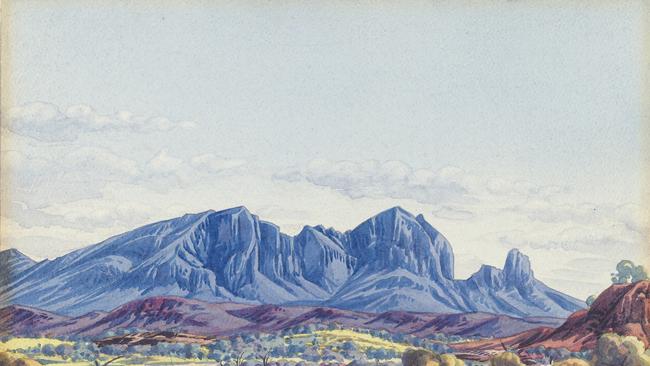 Albert NamatjiraMount Sonder, West MacDonnell Ranges, Central Australiac. 1945painting in watercolour over faint underdrawing in black pencil27.10 x 38.20 cmGift of Marilyn Darling AC in memory of Gordon Darling ACCMG 2016. Donated through the Australian Government'sCultural Gifts Program.© Namatjira Legacy Trust  Image supplied by NGA Single use for REVIEW; not to be cropped, overprinted, altered; must credit