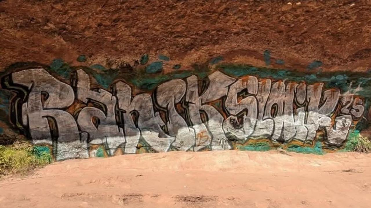 Vandals graffiti sacred Aboriginal rocks at Paradise Falls in Victoria’s Alpine Park region, about 305km northeast of Melbourne. Picture: Facebook