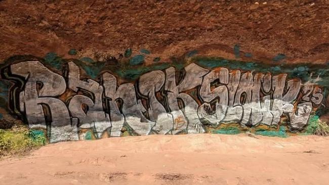 Vandals graffiti sacred Aboriginal rocks at Paradise Falls in Victoria’s Alpine Park region, about 305km northeast of Melbourne. Picture: Facebook