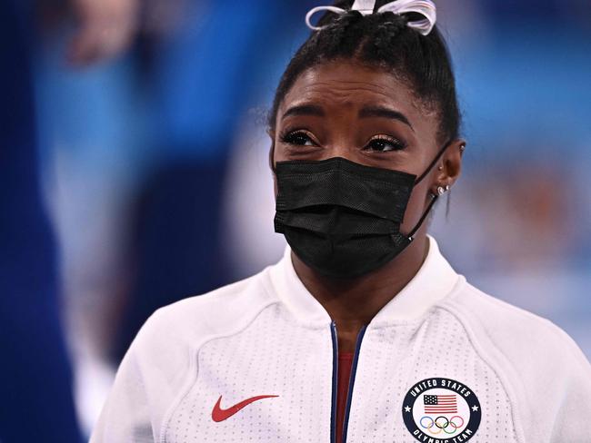 USA's Simone Biles is seen prior to compete in the vault event during the Tokyo 2020 Olympic Games.