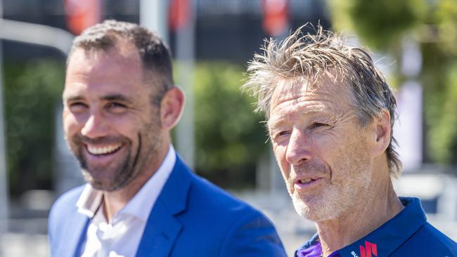 Melbourne Storm legends Cameron Smith and Billy Slater at the unveiling of their bronze statues at AAMI Park. Cameron Smith and Storm coach Craig Bellamy speak to the media. Picture: Jake Nowakowski