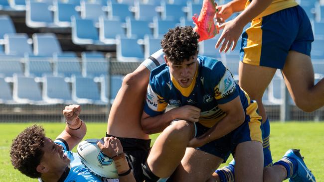 Parramatta’s Domenic De Stradis and Cronulla’s Ryan Clements. Picture: Monique Harmer