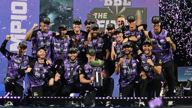 HOBART, AUSTRALIA - JANUARY 27: Hurricanes celebrate winning the BBL The Final match between Hobart Hurricanes and Sydney Thunder at Ninja Stadium on January 27, 2025 in Hobart, Australia. (Photo by Steve Bell/Getty Images)