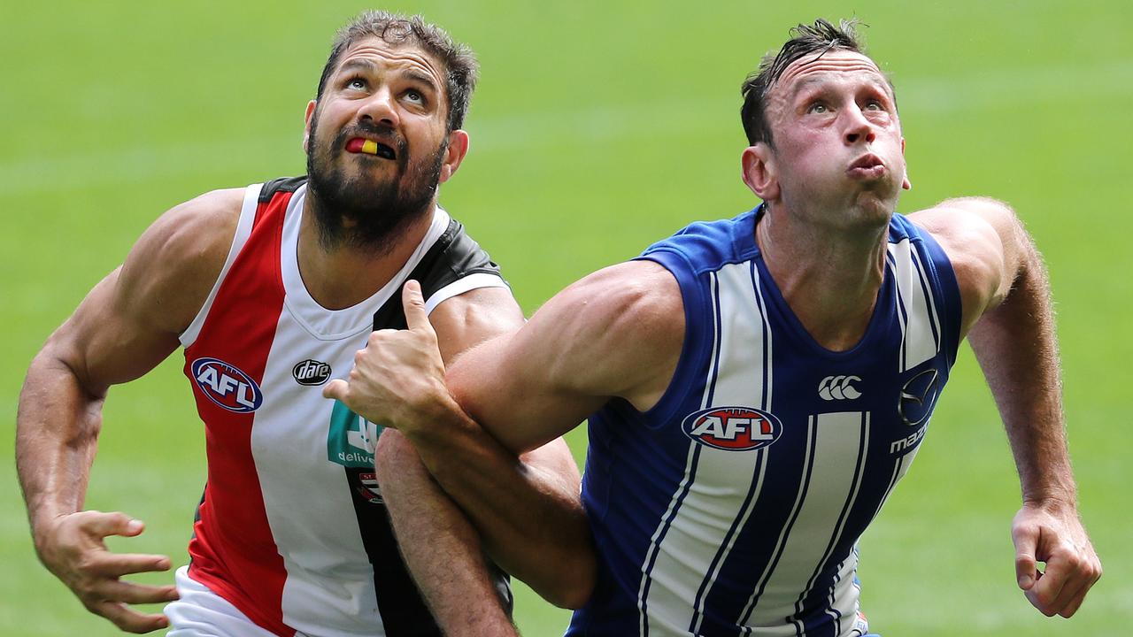 AFL Round 1.  North Melbourne vs St Kilda at Marvel Stadium..  22/03/2020.   Paddy Ryder of the Saints and Todd Goldstein of the Kangaroos battle at a boundary throw in  . Pic: Michael Klein