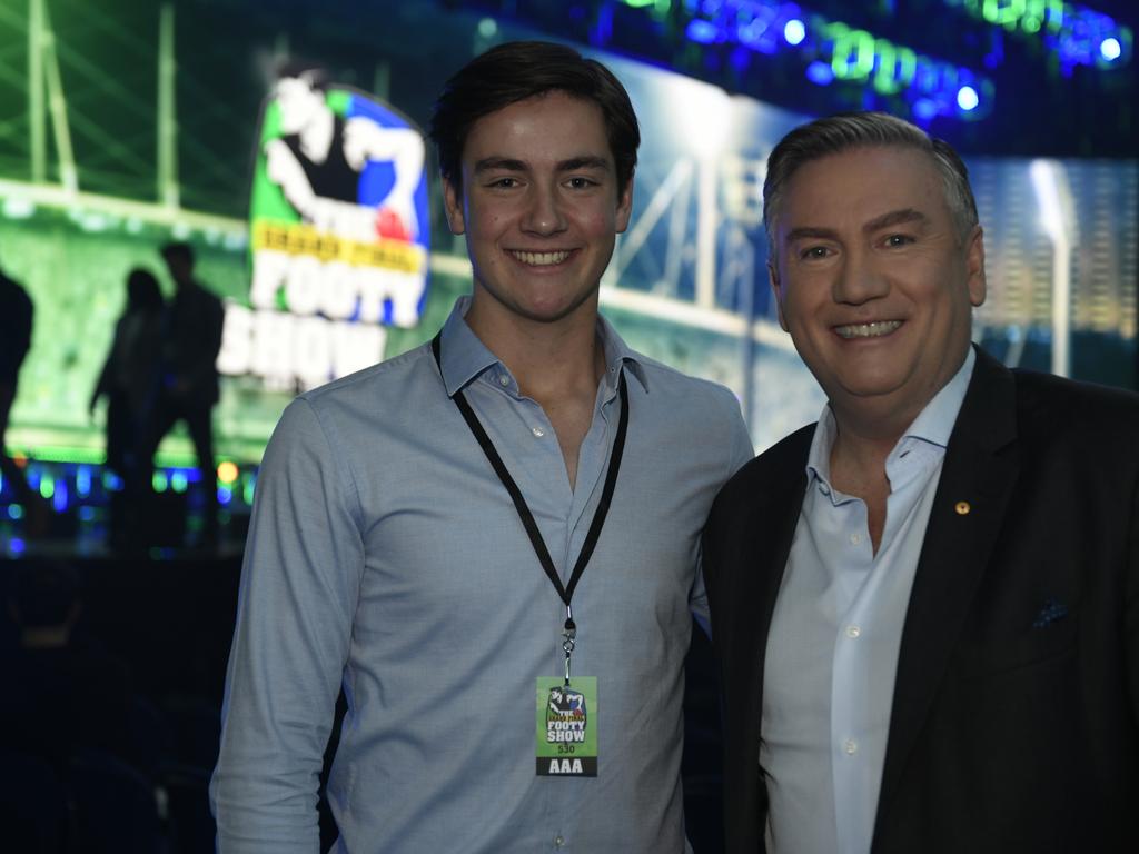 Joe and Eddie McGuire at the 2019 Footy Show Grand Final special at Rod Laver Arena. Picture: Channel 9