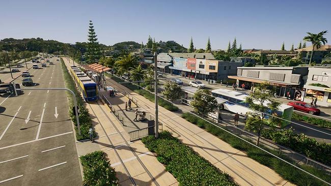 New light rail stage four Gold Coast graphic showing the trams near the Tugun shops.