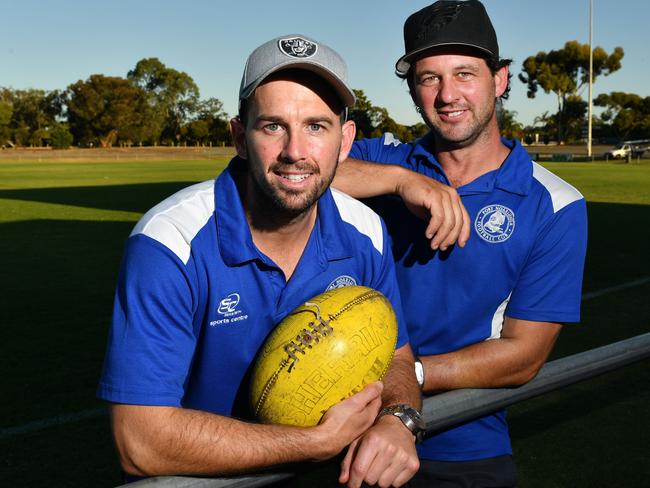 SFL preview with Port Noarlunga Football Club's Tom Dix (Captain) and Nick Manhood (Coach) pose for a photograph at Morphett Vale, Adelaide on Saturday the 7th of April 2018. (AAP/ Keryn Stevens)