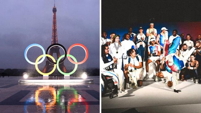 The Olympic rings will be installed on the Eiffel Tower. Photo by CHRISTOPHE SIMON / AFP and Instagram, Le Coq Sportif.