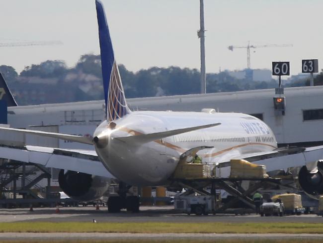 United Airlines flight 840 was forced to turn back and land in Sydney after striking a flock of birds. The pilots dumped fuel for an hour before landing safely. Picture: Toby Zerna