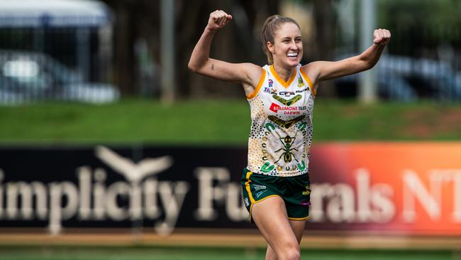 Steph Lawrence celebrates a goal in the 2023-24 NTFL Women's Grand Final between PINT and St Mary's. Picture: Pema Tamang Pakhrin