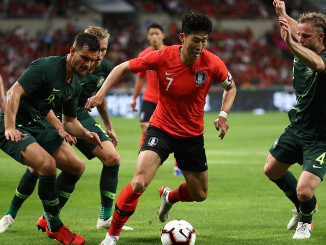 Son Heung-min dribbles against the Socceroos. Picture: Chung Sung-Jun/Getty Images