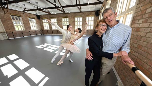 Ian Frazer and wife Caroline in studio 4 at the restored Thomas Dixon Centre in Brisbane with Queensland Ballet dancers Callum Mackie and Chiara Gonzalez. Picture: Lyndon Mechielsen