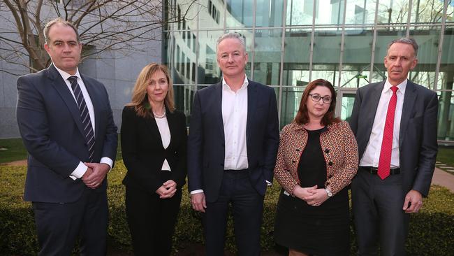 ABC Managing Director David Anderson (L) with Bridget Fair CEO of Free TV Australia, Nine CEO Hugh Marks, SBS Director of Corporate Affairs, Clare OÕNeil and Campbell Reid, Group Executive — Corporate Affairs, Policy and Government Relations for News Corp Australia, FOX SPORTS &amp; Foxtel. Picture: Kym Smith.