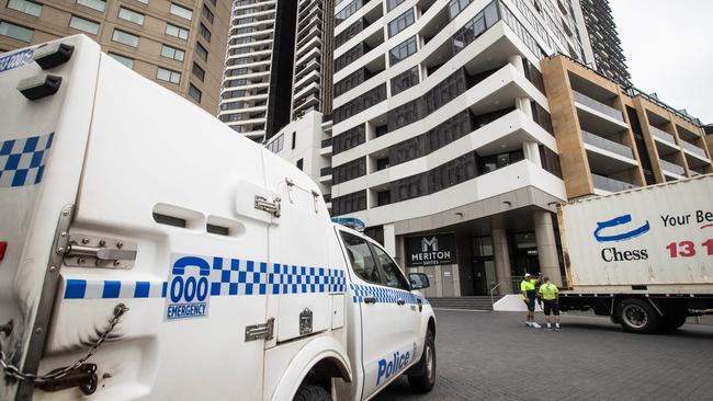 Police at the Meriton building in Parramatta after the murder. Picture: Julian Andrews