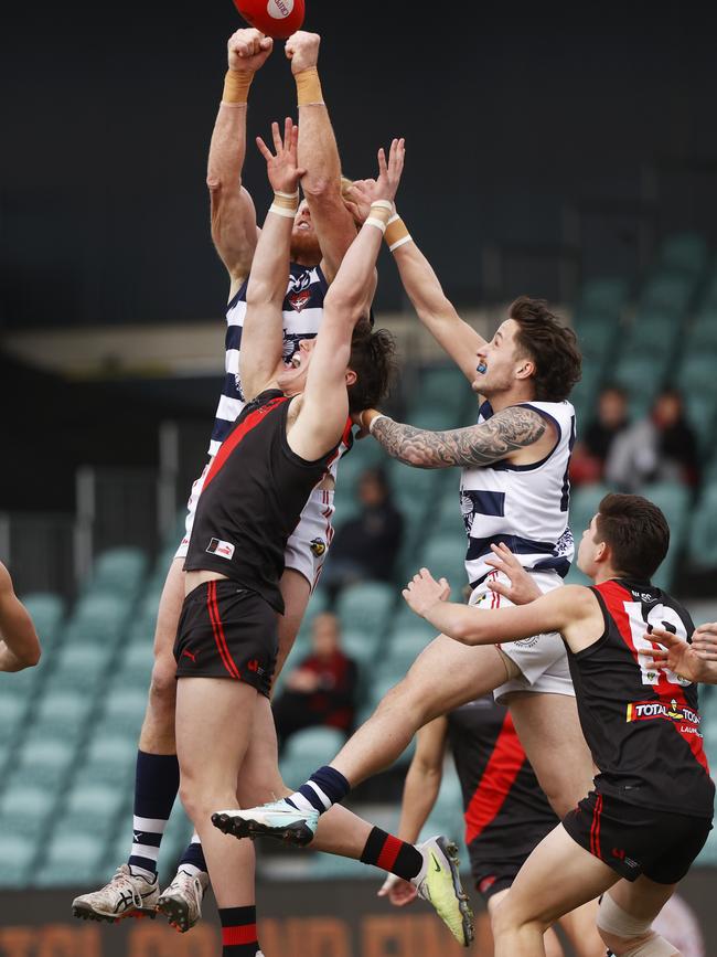 Andrew Phillips Lauderdale goes high with Jack Aherne North Launceston. TSL grand final 2024 - North Launceston V Lauderdale. Picture: Nikki Davis-Jones