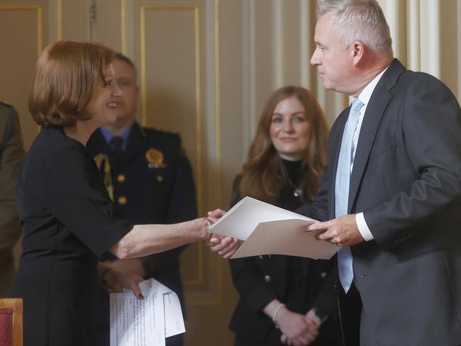 Governor Barbara Baker with Premier Jeremy Rockliff at the swearing in of the new Tasmanian government cabinet at Government House in Hobart this week. Picture: Nikki Davis-Jones