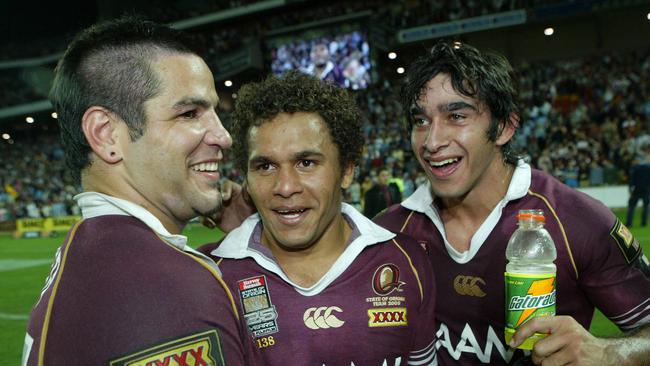 Carl Webb alongside former Maroons teammates Matt Bowen &amp; Johnathan Thurston. Picture: David Kapernick