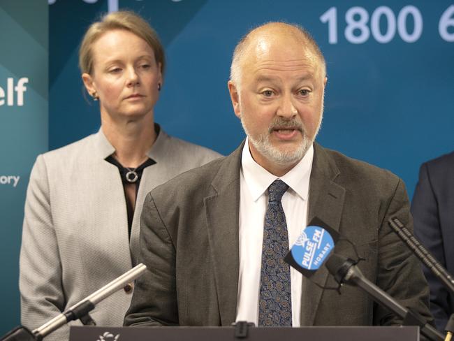 Tasmanian Premier Peter Gutwein, Health Minister Sarah Courtney and Acting Director of Public Health Dr Mark Veitch during a press conference at Hobart. Picture Chris Kidd