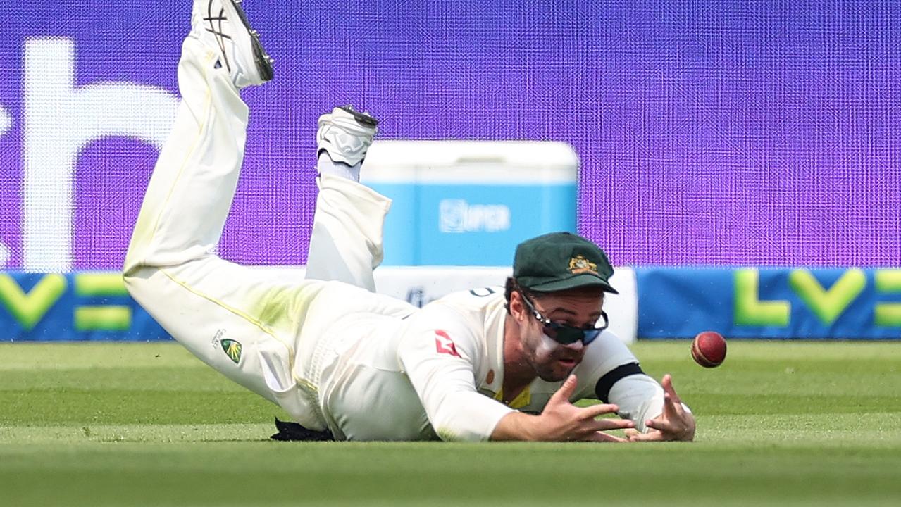 Travis Head copped it in Birmingham and this dropped catch didn’t help. (Photo by Ryan Pierse/Getty Images)