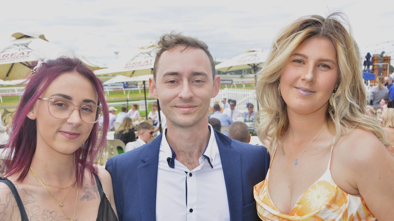 Emily Sheppard-Goodwin, Tyson Sheppard and Tayla Lord at the 2023 Audi Centre Toowoomba Weetwood race day at Clifford Park Racecourse.