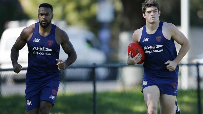 Heritier Lumumba and Angus Brayshaw running laps at Gosch’s Paddock. Picture: Michael Klein