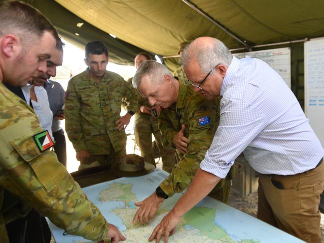 Australian Prime Minister Scott Morrison visiting the Defence Staging Ground at Kingscote Airport on Kangaroo Island during the bushfire crisis. Picture: David Mariuz