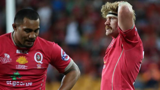 Adam Thomson reacts to the Reds’ loss to the Hurricanes at Suncorp Stadium. Picture: Jono Searle