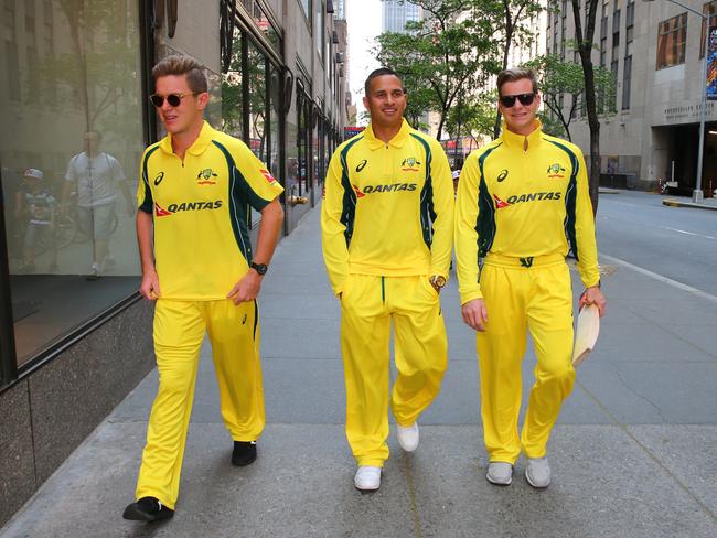 Adam Zampa, Usman Khawaja and Steve Smith pictured touring New York City in 2016. Picture: Getty Images