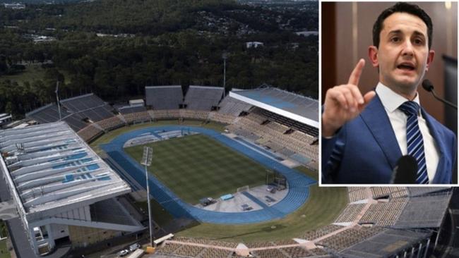 Queensland Opposition leader David Crisafulli, inset, and Queensland Sport and Athletics Centre.