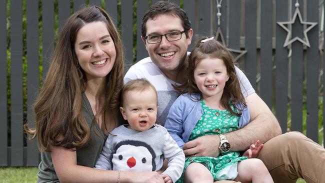 Eleanor, 3, with her mum, Katherine, dad, Matt and brother Albert, 11 months. Picture: Sarah Matray