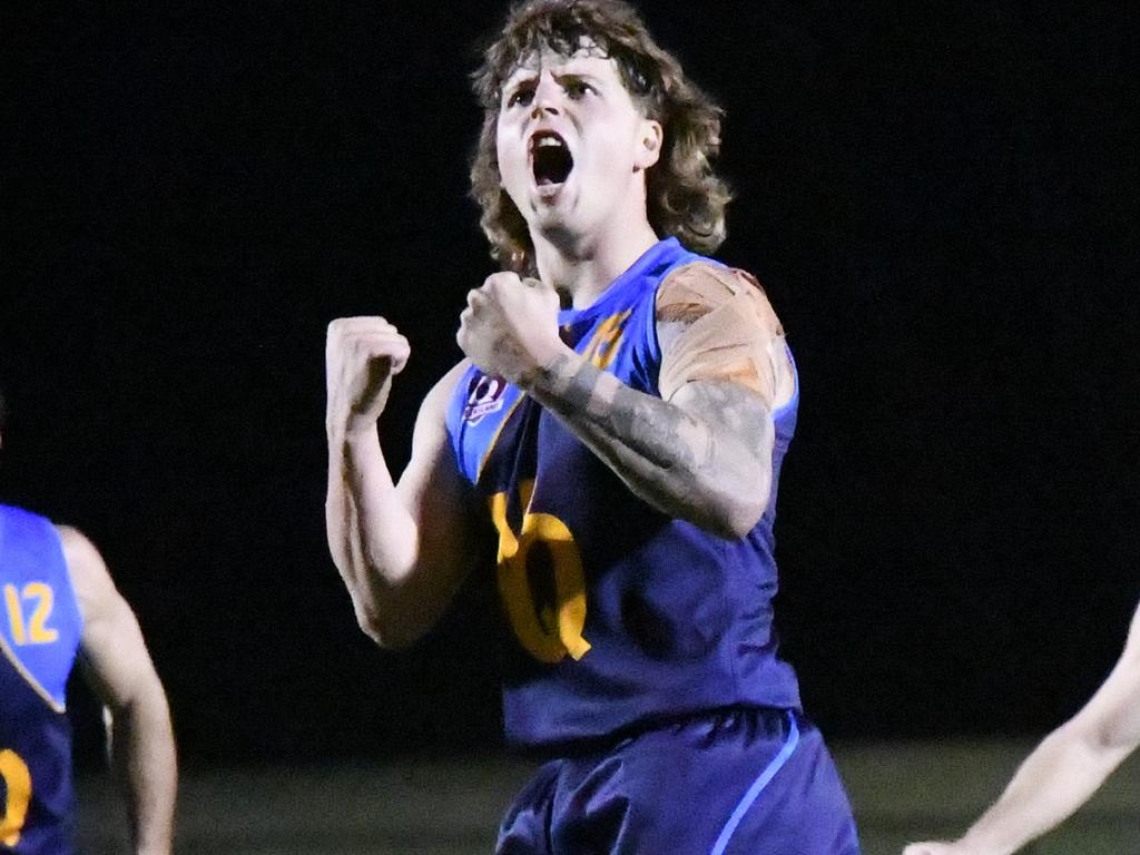 Joel Mitchell celebrates a goal in the South Queensland vs North Queensland men's intrastate representative clash at Bond University Oval. Picture: Highflyer Images.