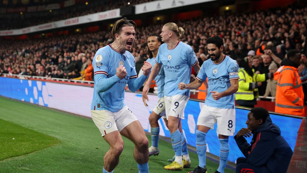 Grealish celebrated hard with City away fans after being branded an “Alice band-wearing charlatan” earlier in the week by Palace owner Simon Jordan. (Photo by Julian Finney/Getty Images)