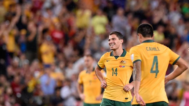 BRISBANE, AUSTRALIA - JANUARY 22: James Troisi of Australia smiles during the 2015 Asian Cup match between China PR and the Australian Socceroos at Suncorp Stadium on January 22, 2015 in Brisbane, Australia. (Photo by Matt Roberts/Getty Images)