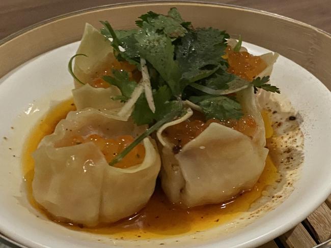 Dumplings - prawn shu mai with smoked trout roe, chilli oil and sichuan salt. Picture: Grace McKinnon